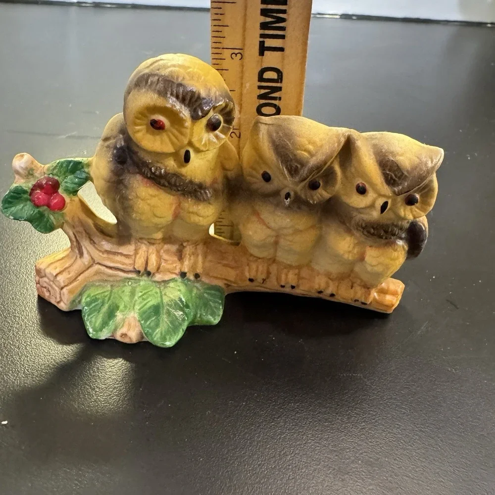 Vintage‎ Ceramic Owl Trio Mother Babies Perched on Branch Figurine Woodland